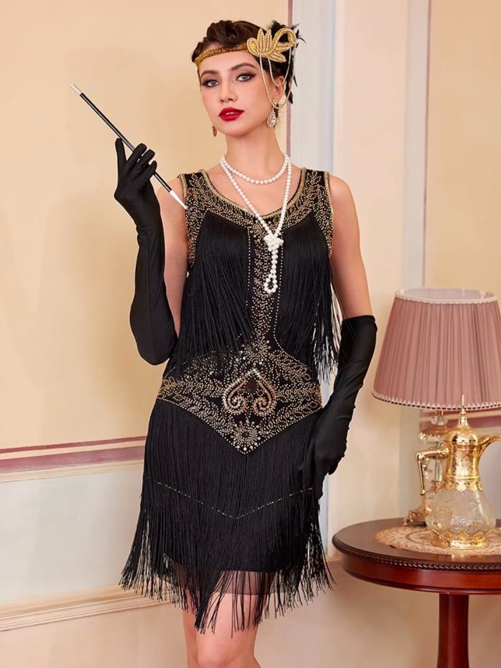 Great Gatsby 1920s Flapper Dress, Necklace, Earrings, Gloves, Women Small (NWOT)